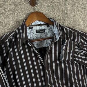 7 Diamonds Mens XL Button Up‎ Shirt Brown White Striped Floral Trim Long Sleeve